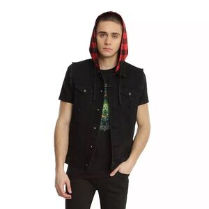 Hot Topic XXX Rude Black Distressed Jean Vest with Buffalo Plaid Hood Medium